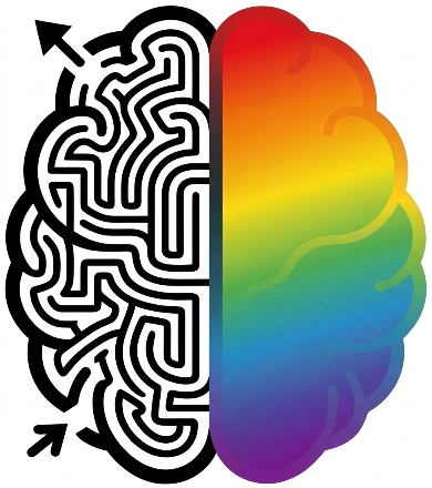 A brain drawn as two halves: a maze on one side, a rainbow on the other